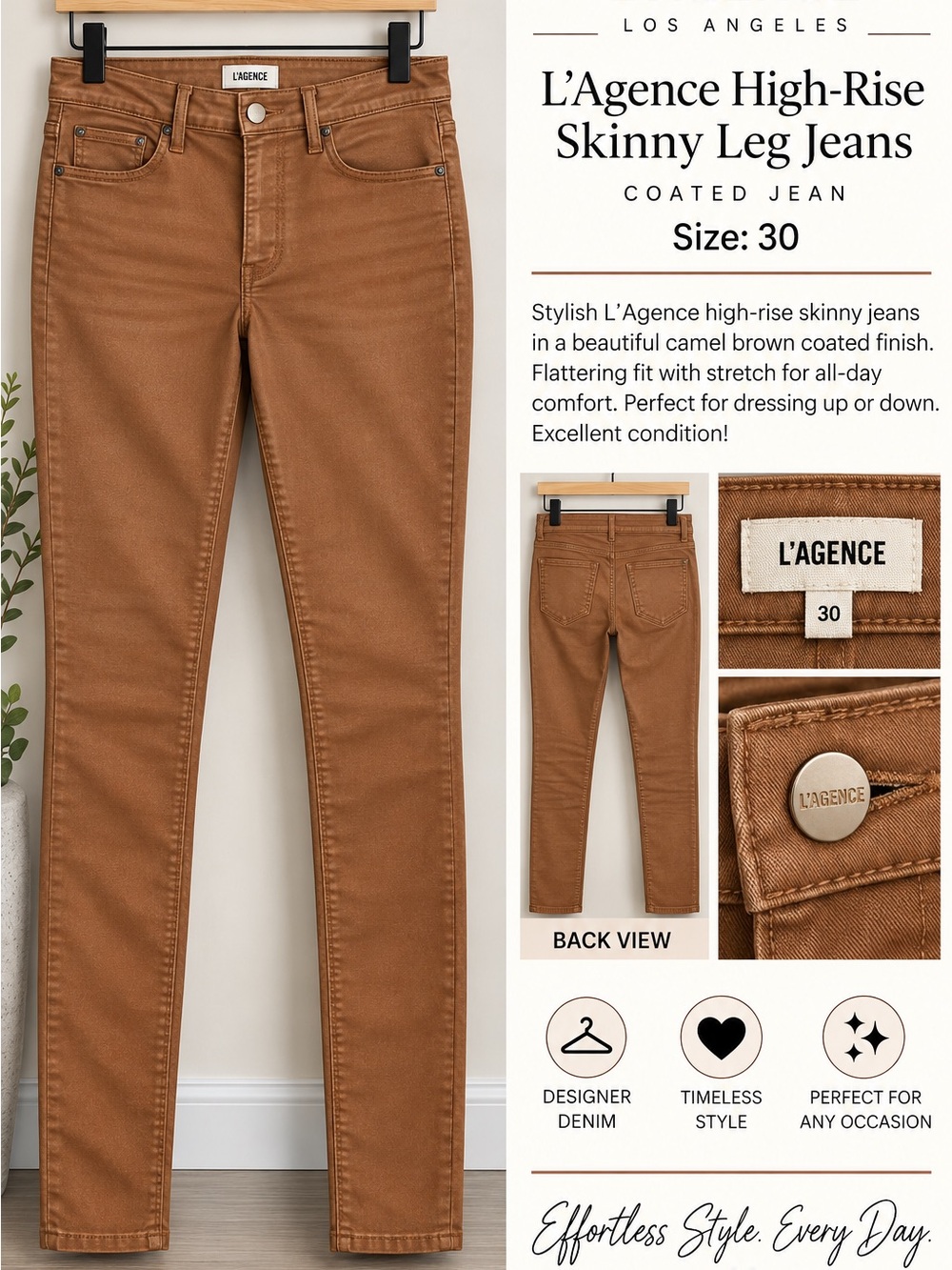 L'AGENCE Coated High-Rise Skinny Jeans in Camel Brown